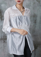 Weißes Leinenhemd Tops Asymmetrisch Seite Offen Sommer